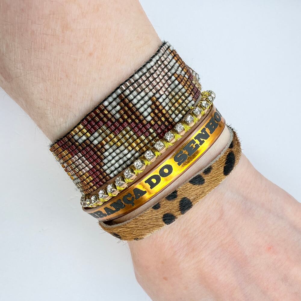 RARE HIPANEMA 4 Stranded Bracelet Brown Leopard Seed Bead Gold Tone Rhinestone
